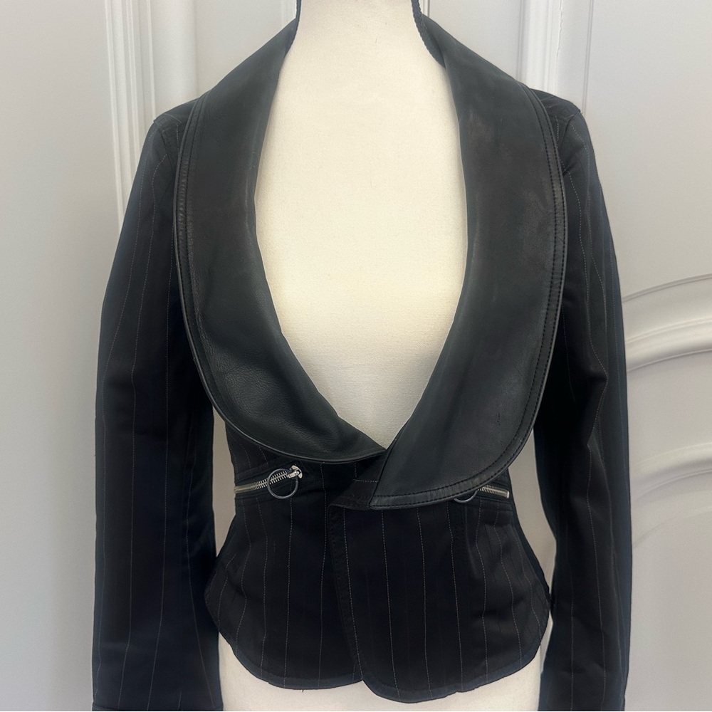 Diesel Rare Vintage 90s Y2K Black Pinstripe Motorcycle Moto Crop Leather Jacket